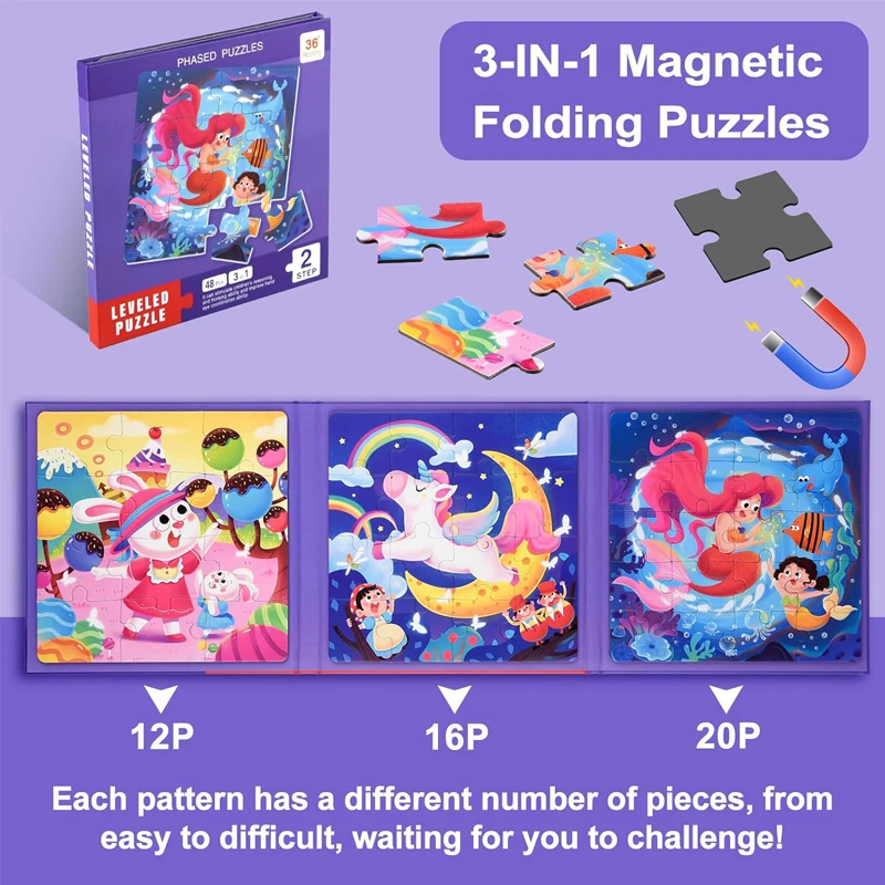LEVELED PUZZLE – 3 in 1 Phased Magnetic Mermaid Puzzles - 48 PCs Preschool STEM Learning – Suitable for Ages 3 Years & Up (Step 2 B)